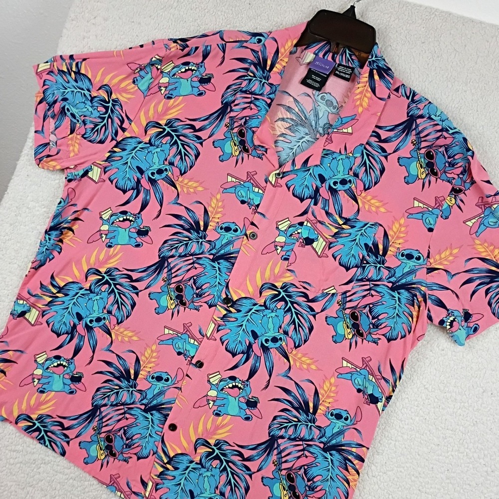 Disney Stitch Button Up Shirt Men 3XL Pink Tropical Lilo & Stitch Hawaiian Rayon - Picture 4 of 10
